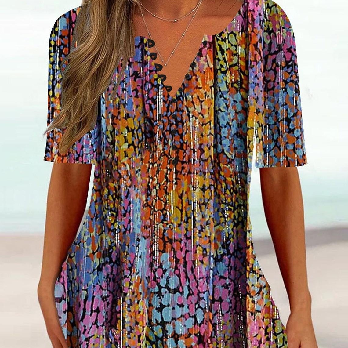 Printed V-neck Button Short Sleeve