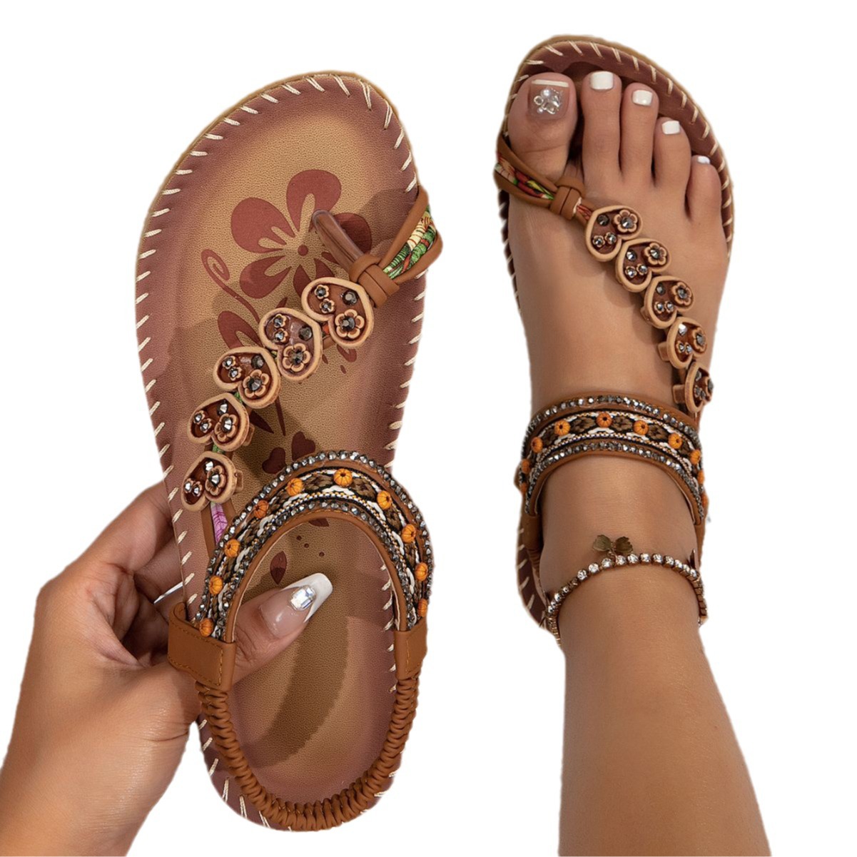 Bohemian Thong Sandals Summer Fashion Flowers Flat Beach Shoes For Women - Image 8