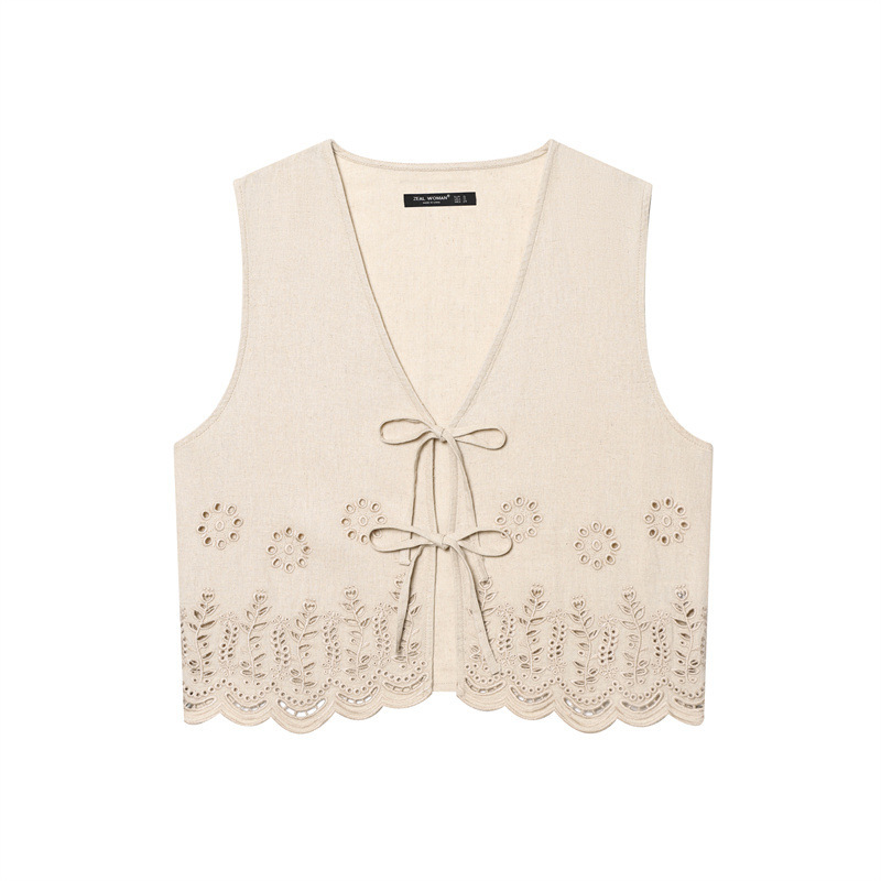 Women's All-matching Hollow Embroidered V-neck Lace-up Sleeveless Waistcoat Vest - Image 6